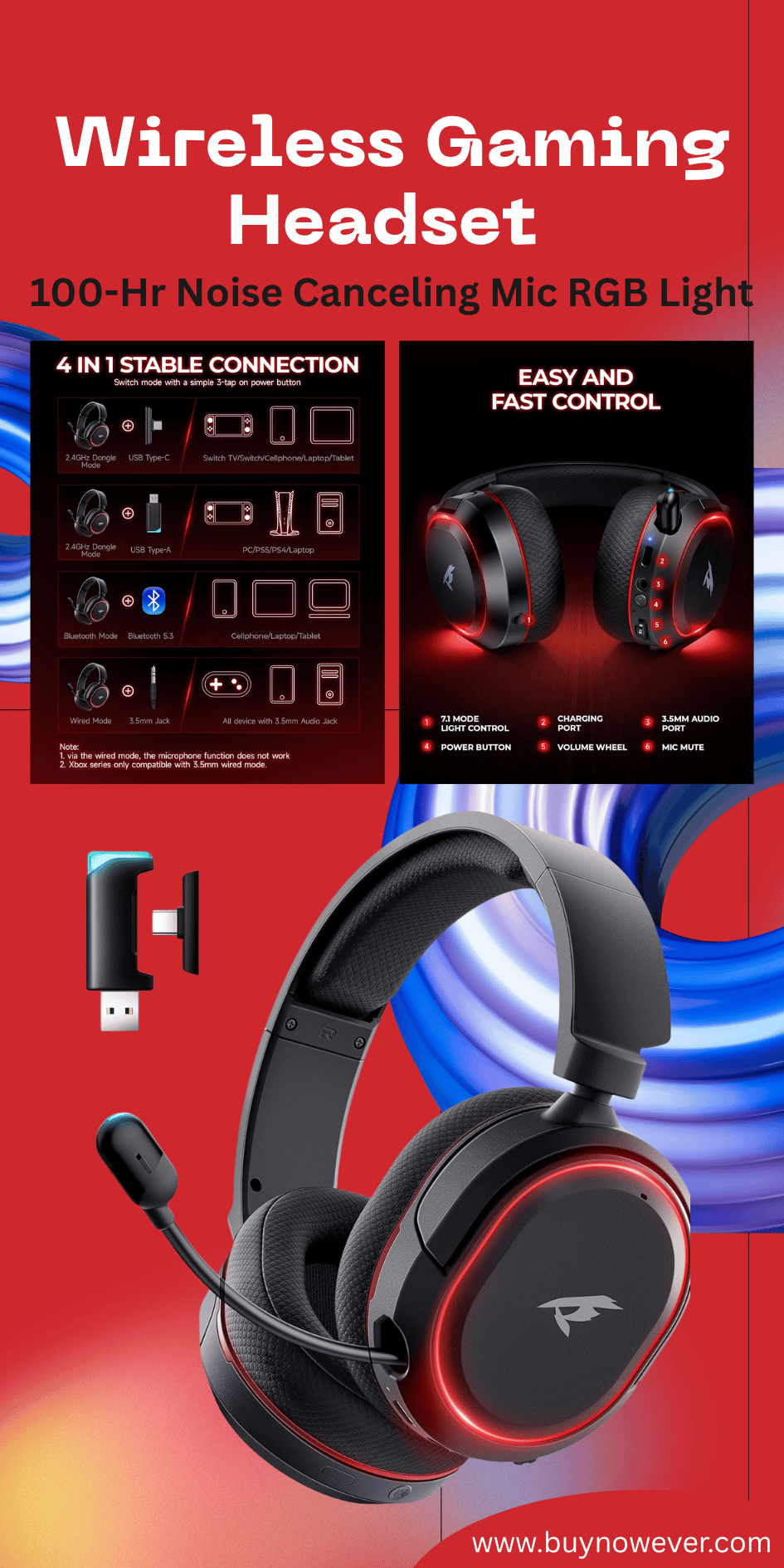 Wireless Gaming Headset 7.1 Surround Sound